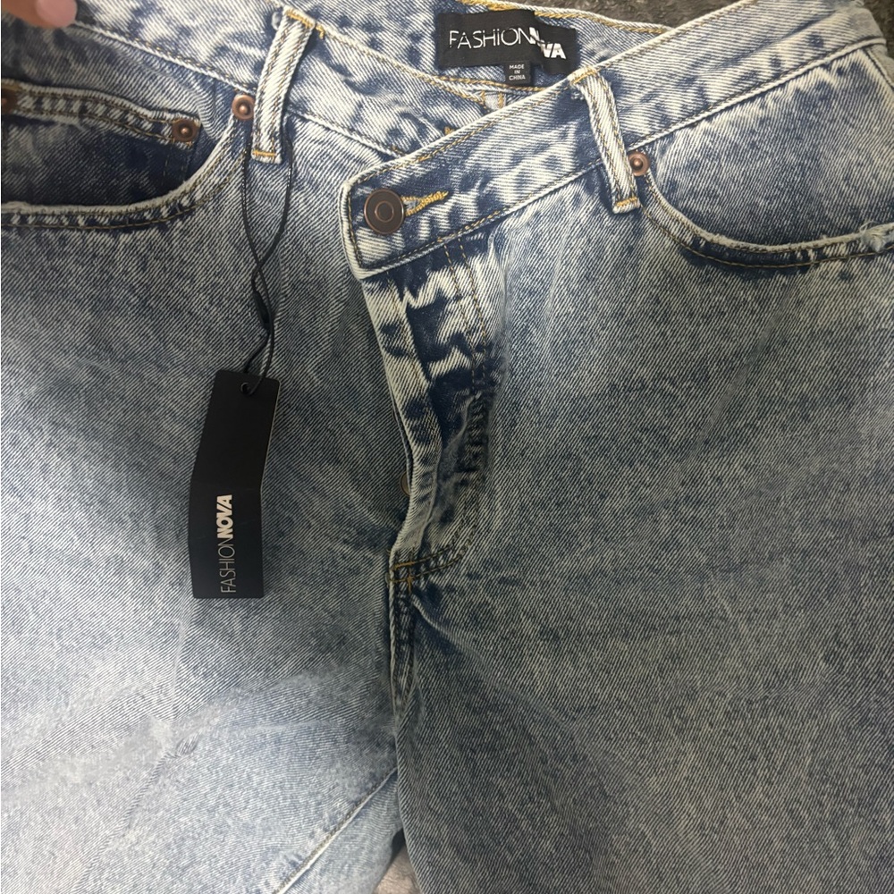 Fashion Nova Criss Crossed Straight Leg Jeans in Light Blue